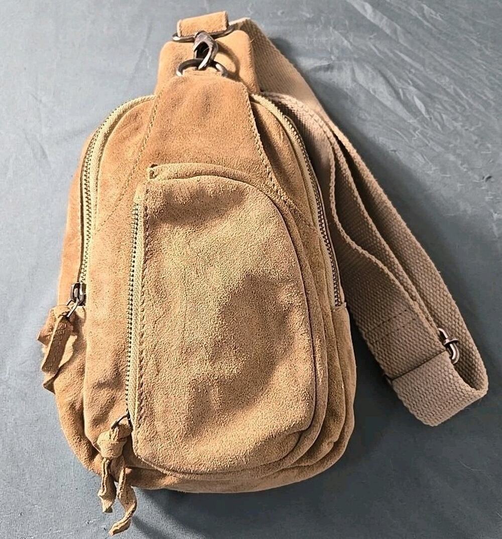 Free People Tan Suede Leather Sling Bag Crossbody Backpack Boho Distressed